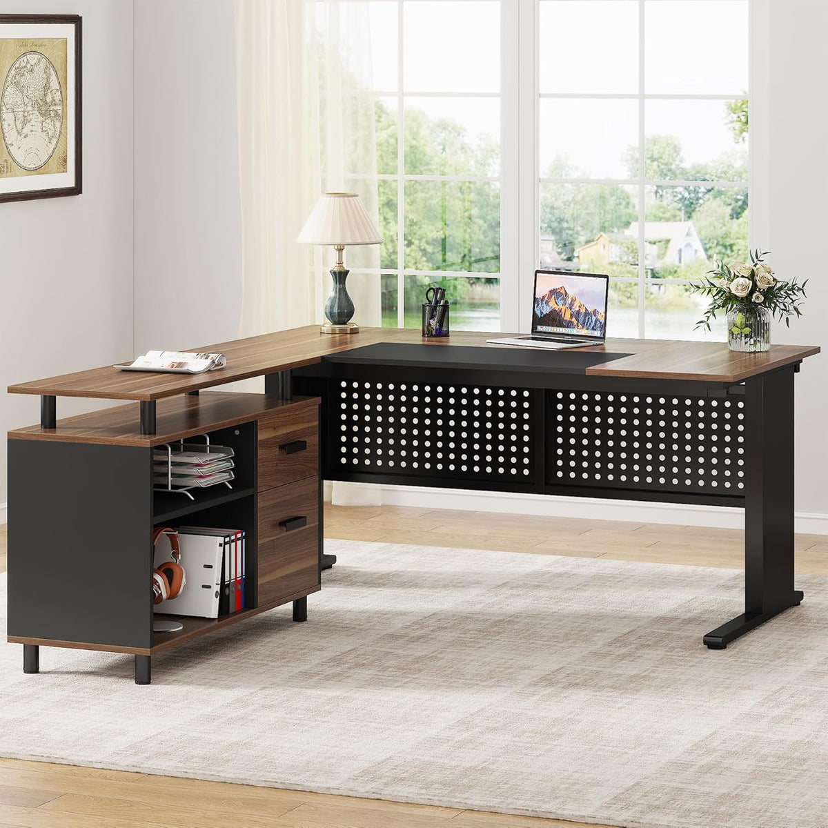 Brown and Black 63 Inch L Shaped Computer Desk with File Cabinet P831055