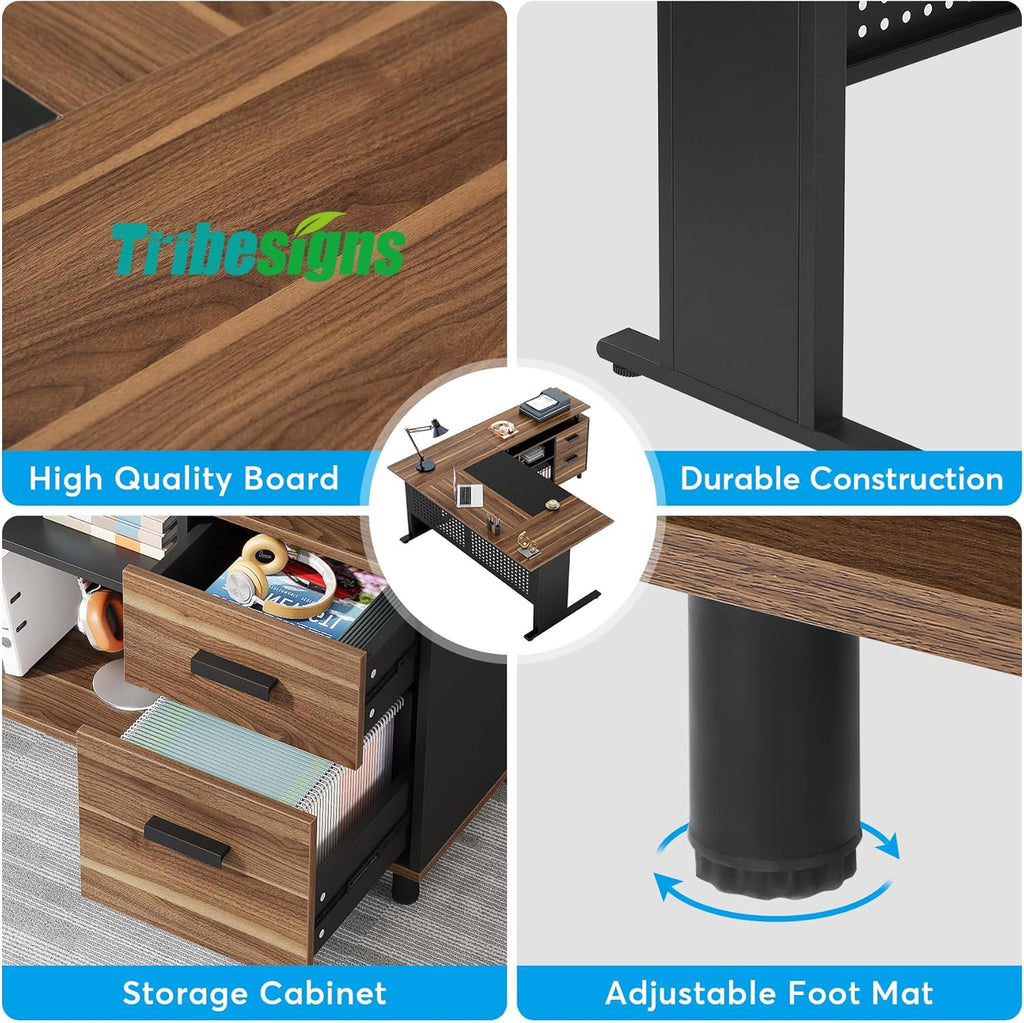 Brown and Black 63 Inch L Shaped Computer Desk with File Cabinet P831055