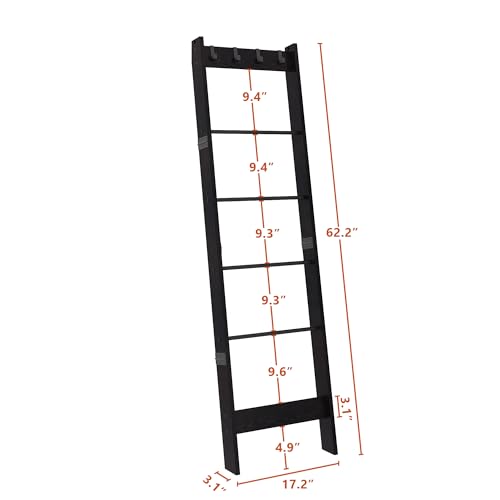 6 Tier Blanket Ladder Shelf with 4 Metal Hooks, Rustic Brown D515