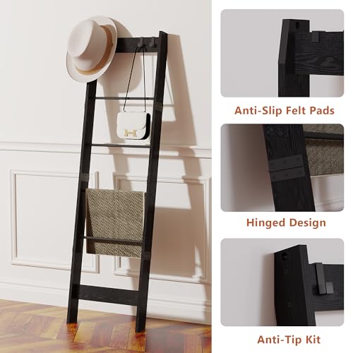 6 Tier Blanket Ladder Shelf with 4 Metal Hooks, Rustic Brown D515