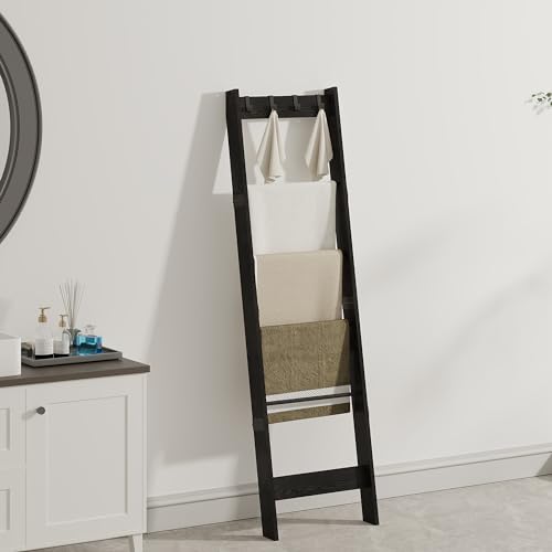 6 Tier Blanket Ladder Shelf with 4 Metal Hooks, Rustic Brown D515