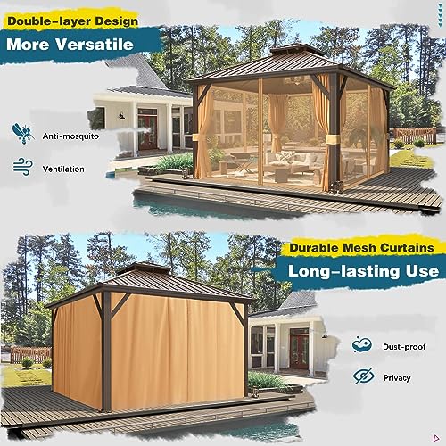 10'x13' Hardtop Gazebo with Polycarbonate Double Roof, Aluminum Frame with Curtains and Netting W455