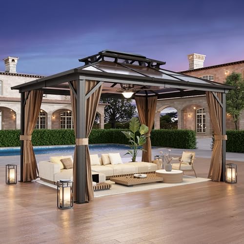 10'x13' Hardtop Gazebo with Polycarbonate Double Roof, Aluminum Frame with Curtains and Netting W455