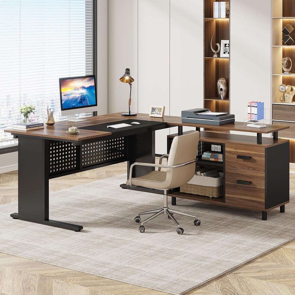 Brown and Black 63 Inch L Shaped Computer Desk with File Cabinet P831055
