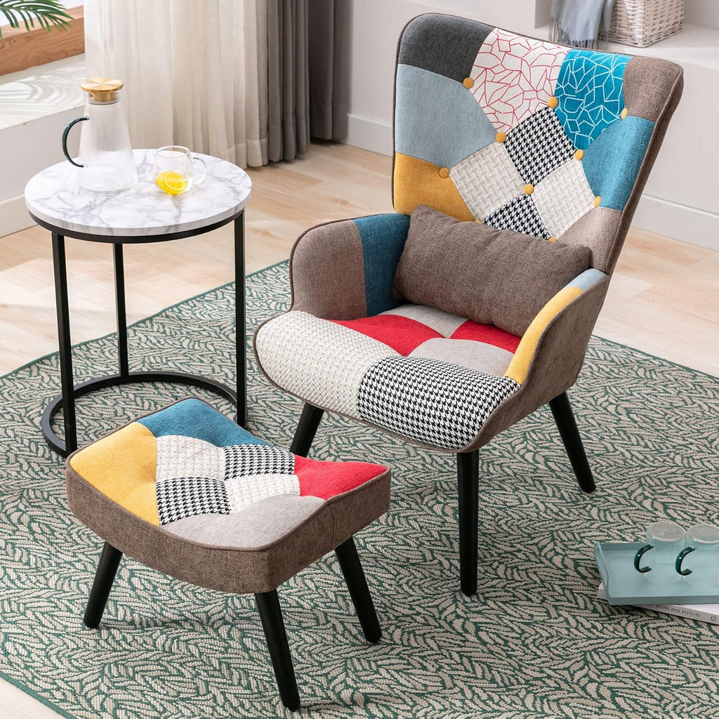 Patchwork Accent Chair with Ottoman, Wooden Legs C5663