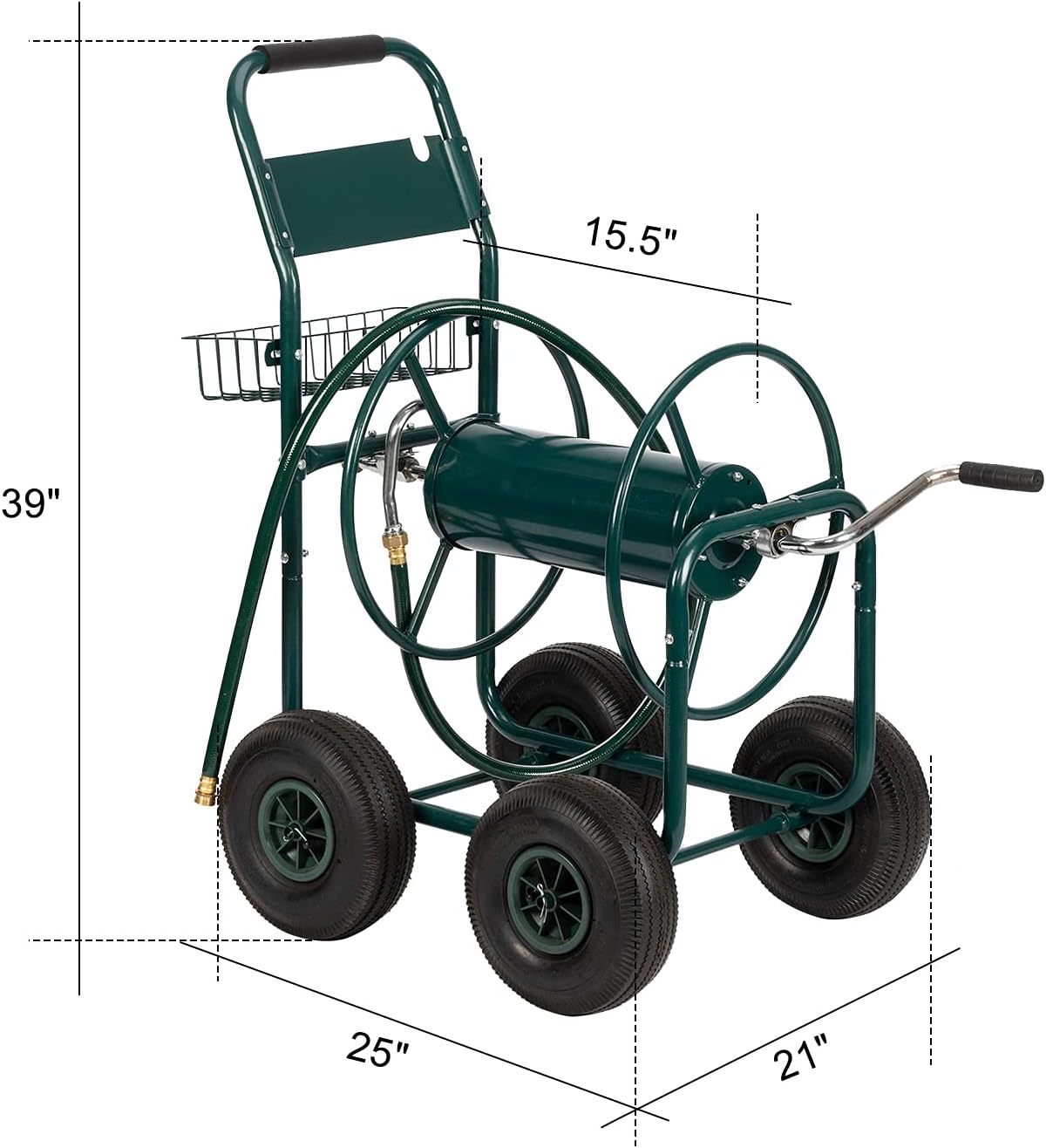 4-Wheel Garden Hose Reel Cart with Storage Basket I3812
