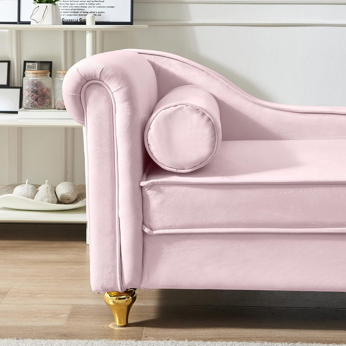 Pink Velvet Chaise Lounge Sofa Bed with Storage U646