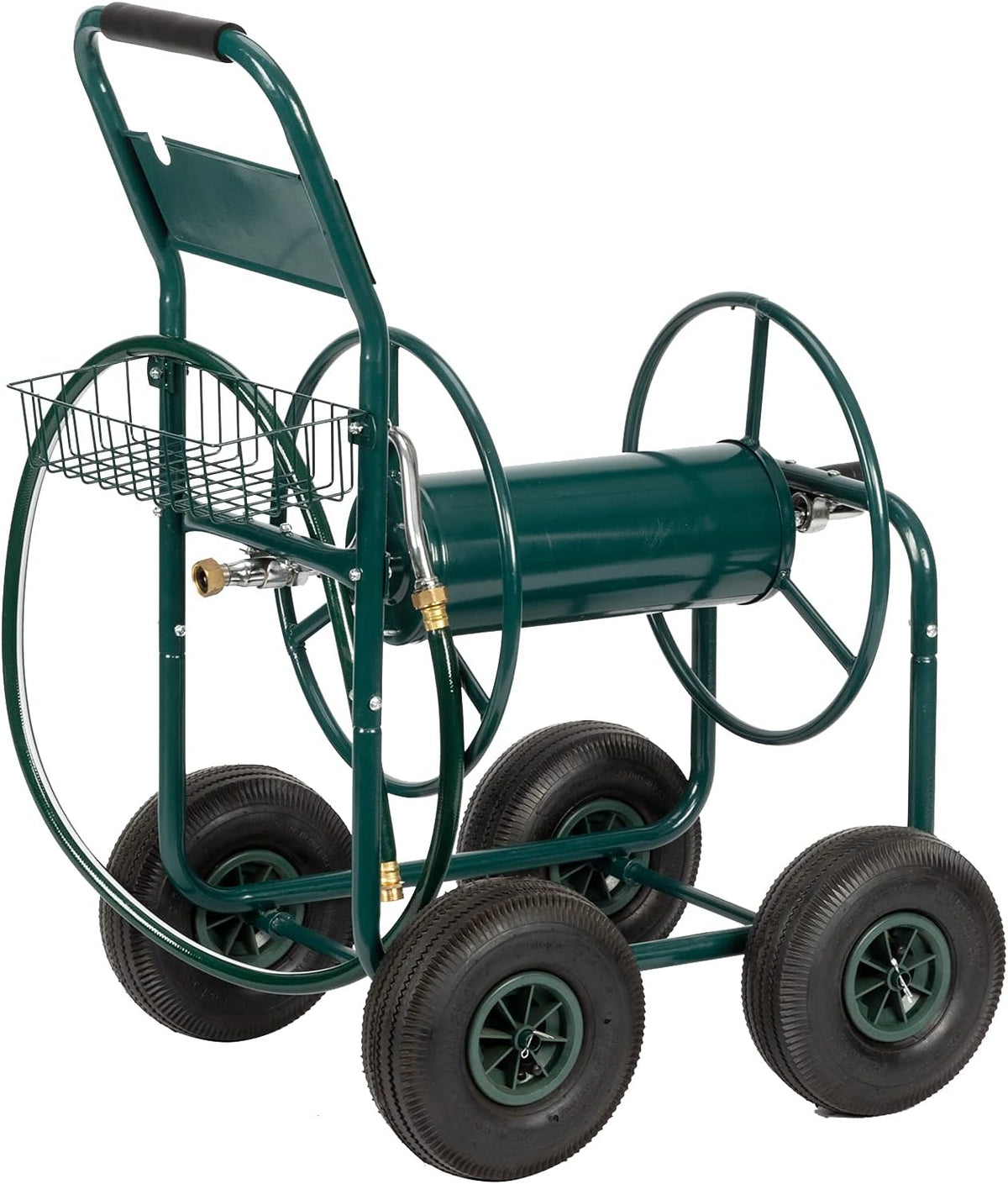 4-Wheel Garden Hose Reel Cart with Storage Basket I3812