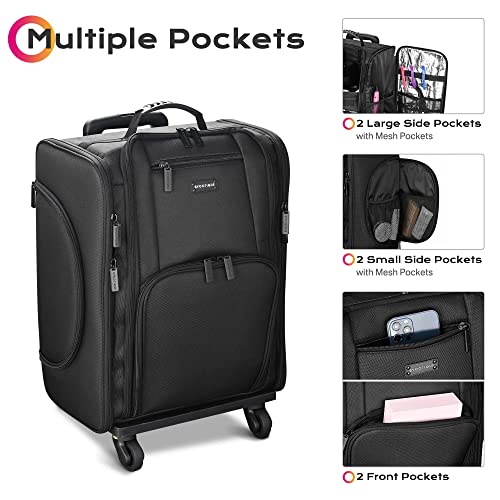 Black Rolling Makeup Train Case Soft Sided Cosmetic Storage Organizer Carry on Travel with Removable Side Pocket Bag D1423