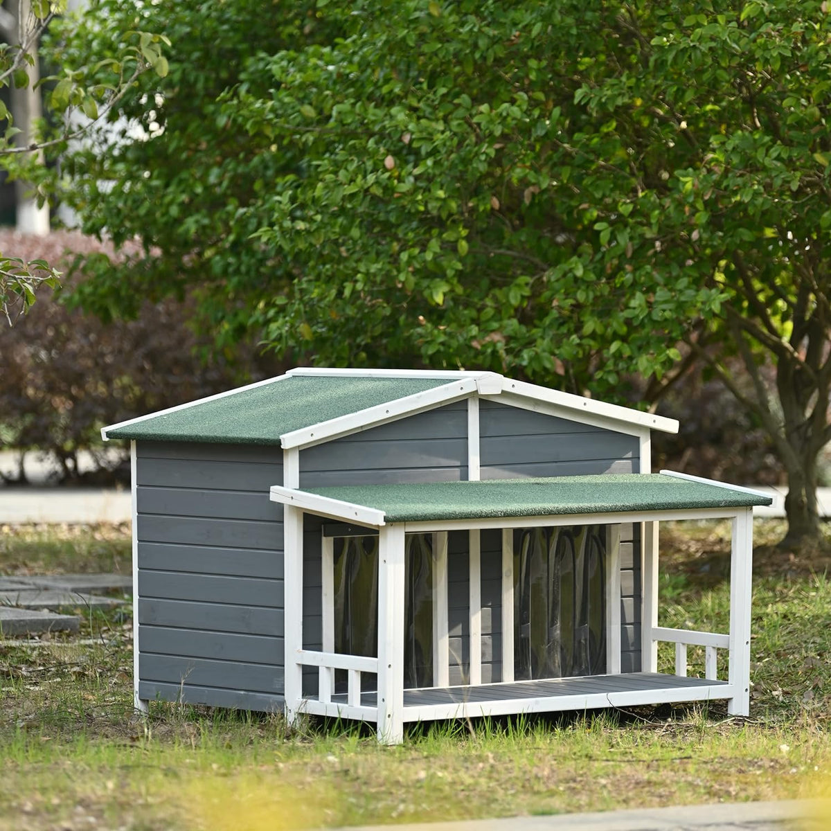 Gray Green Wooden Dog House with Porch 2 Doors I34092
