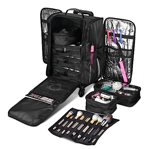 Black Rolling Makeup Train Case Soft Sided Cosmetic Storage Organizer Carry on Travel with Removable Side Pocket Bag D1423