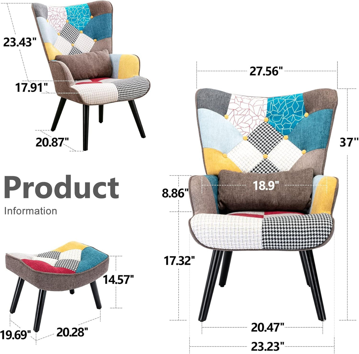 Patchwork Accent Chair with Ottoman, Wooden Legs C5663
