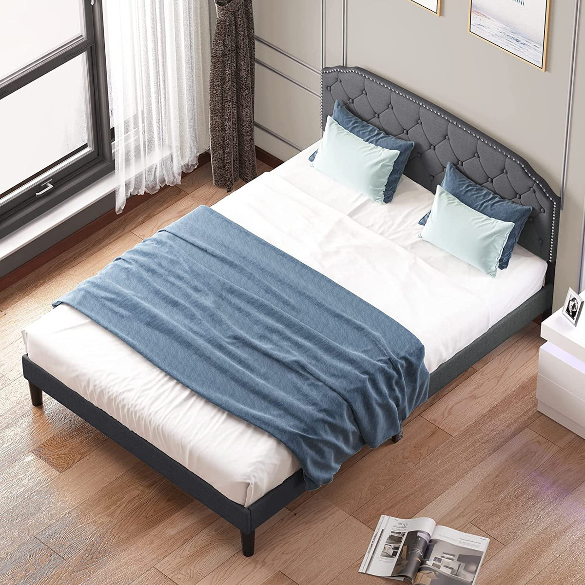 Queen Size Platform Bed Frame with Diamond Button Tufted Upholstered Headboard, Dark Grey D302109