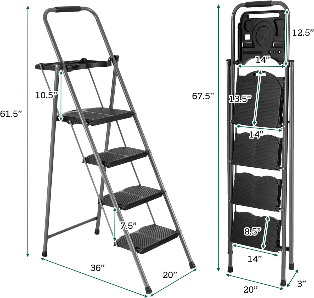4 Step Folding Ladder with Handrail, Black Q410306