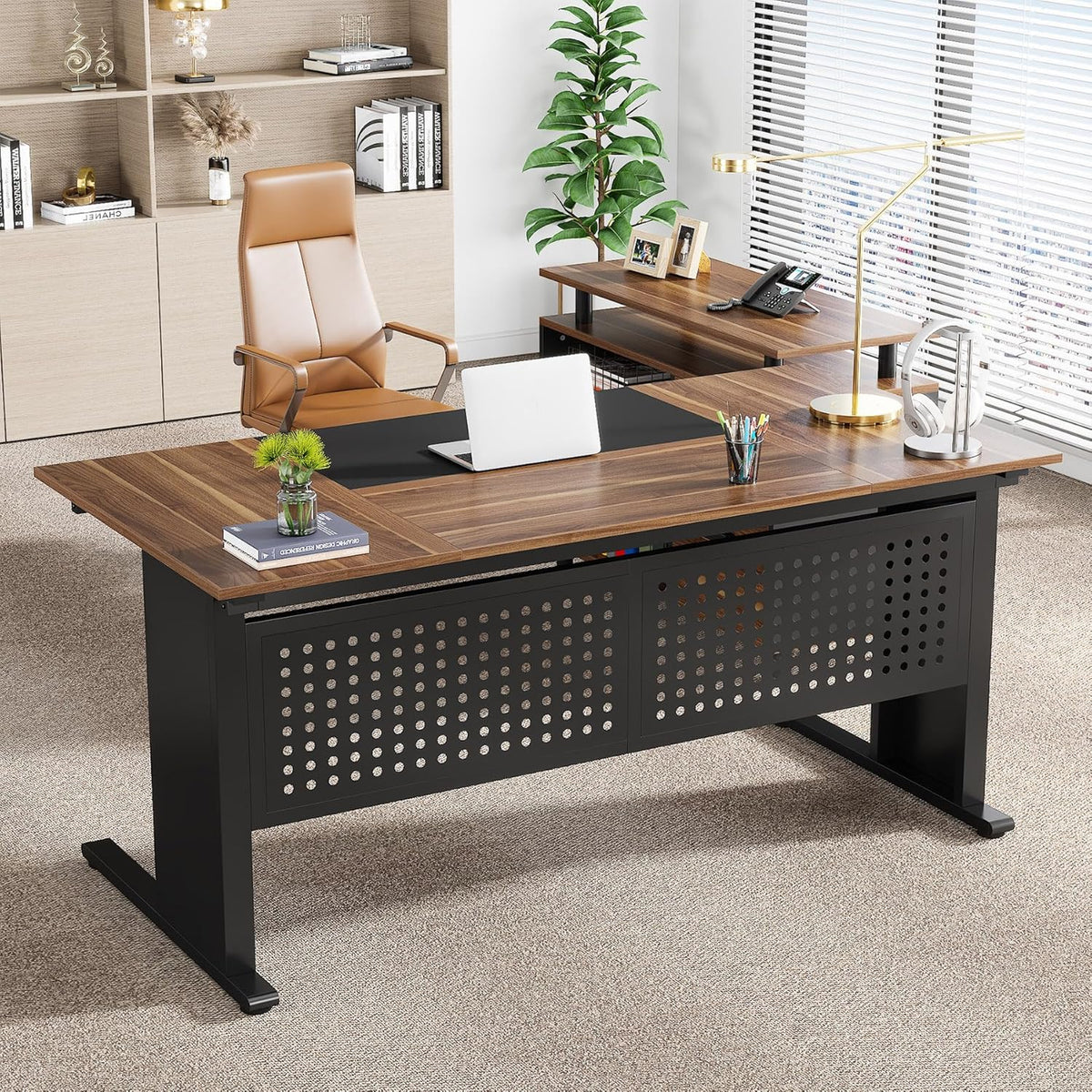 Brown and Black 63 Inch L Shaped Computer Desk with File Cabinet P831055
