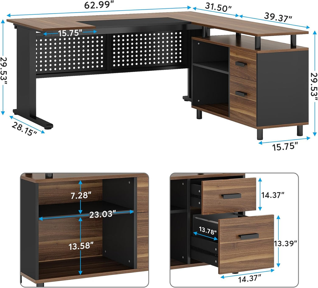Brown and Black 63 Inch L Shaped Computer Desk with File Cabinet P831055