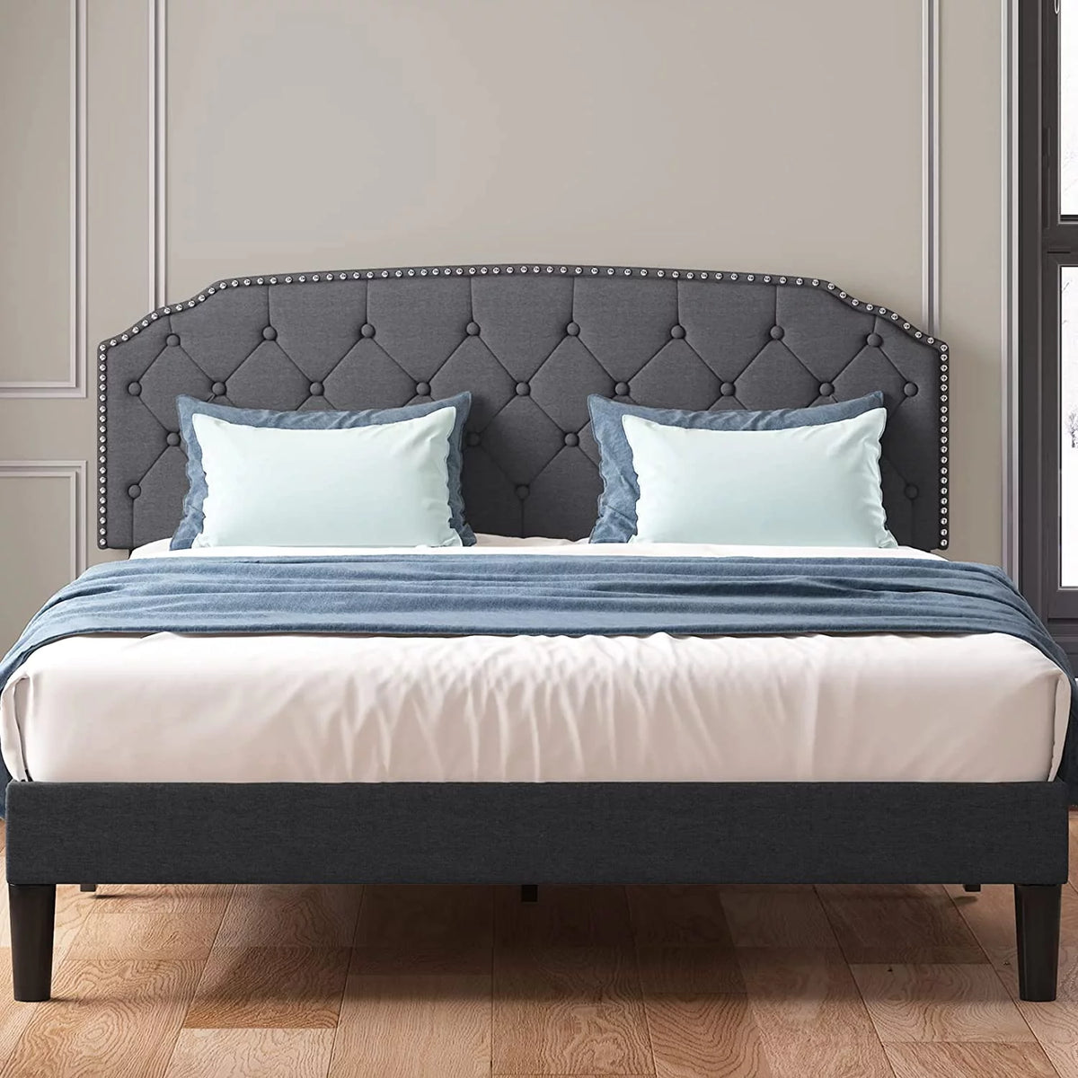 Queen Size Platform Bed Frame with Diamond Button Tufted Upholstered Headboard, Dark Grey D302109