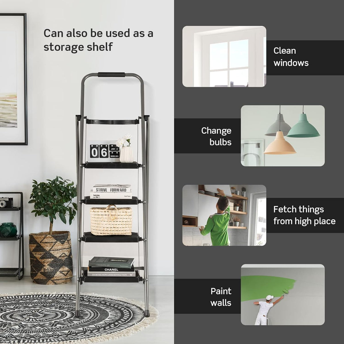4 Step Folding Ladder with Handrail, Black Q410306