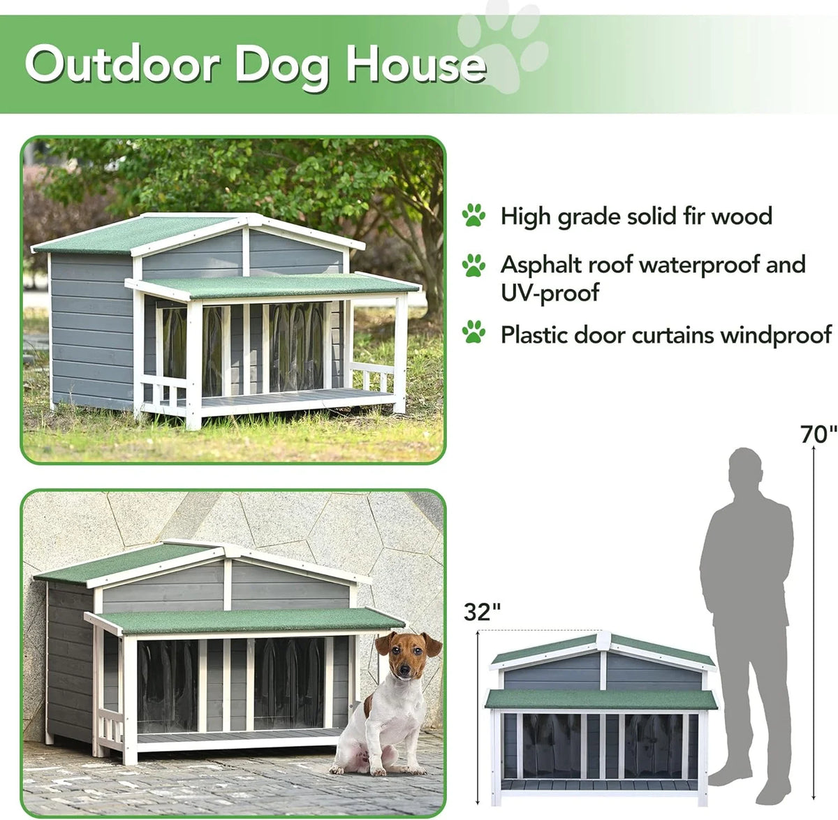Gray Green Wooden Dog House with Porch 2 Doors I34092