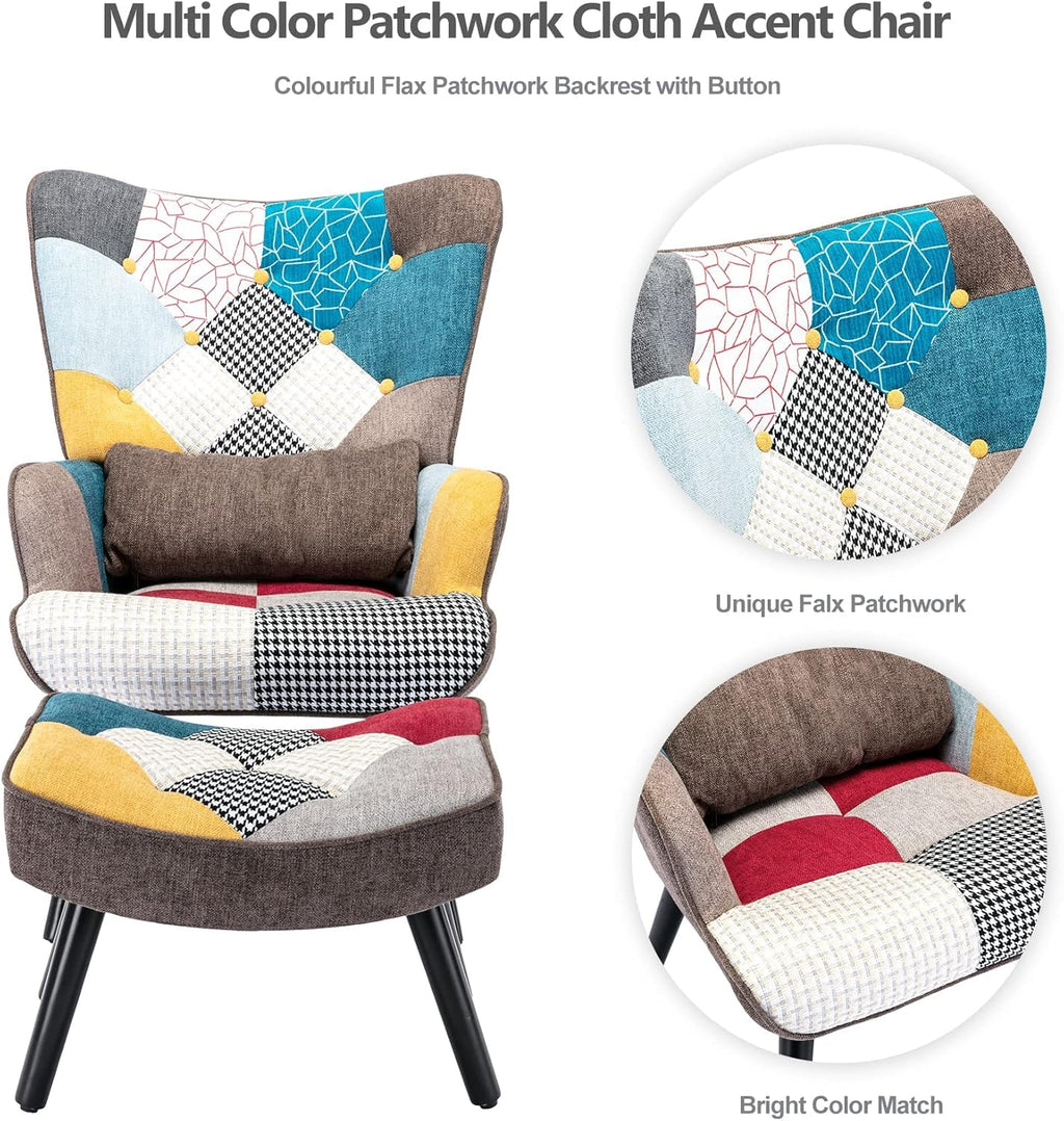 Patchwork Accent Chair with Ottoman, Wooden Legs C5663