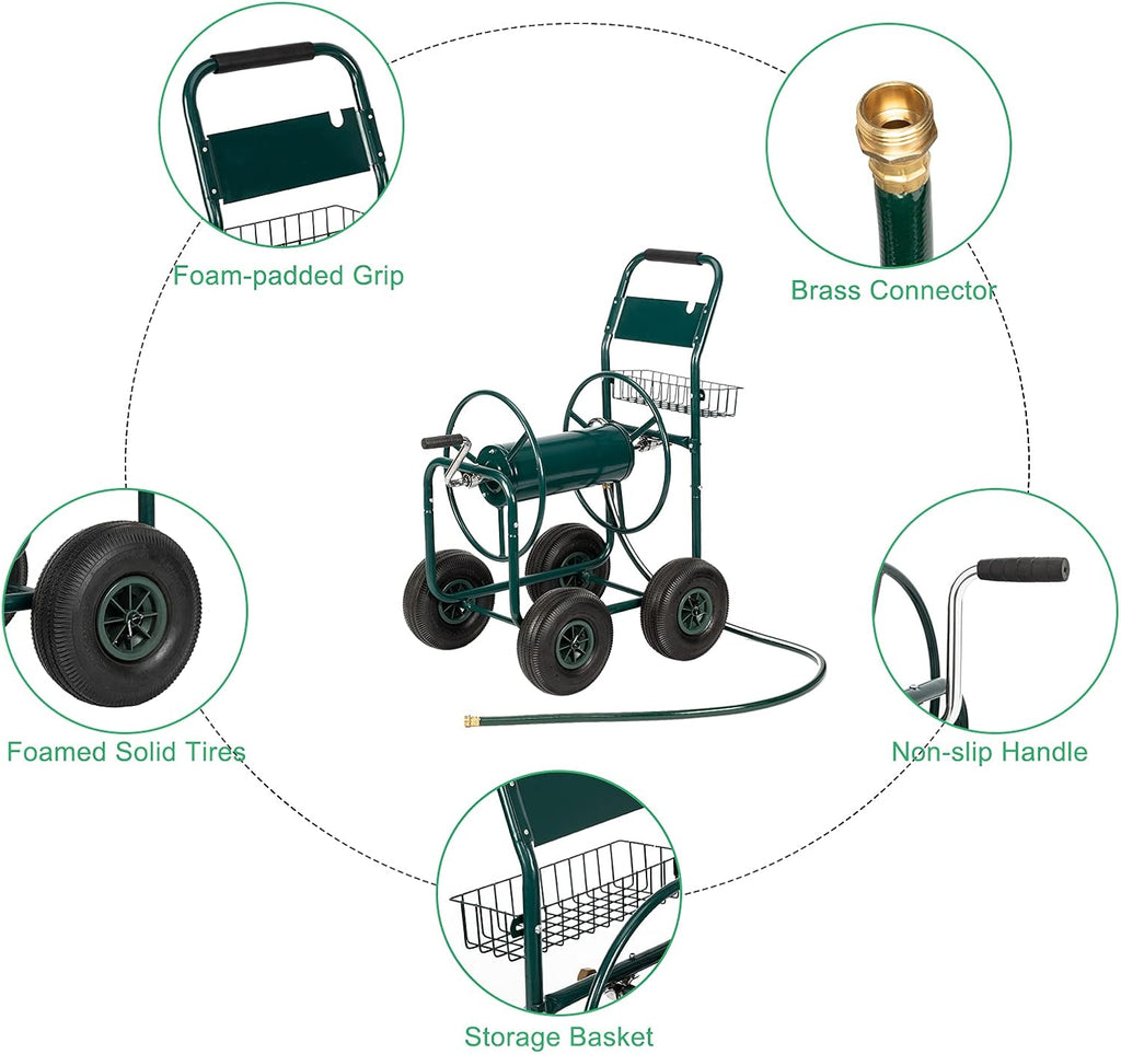 4-Wheel Garden Hose Reel Cart with Storage Basket I3812