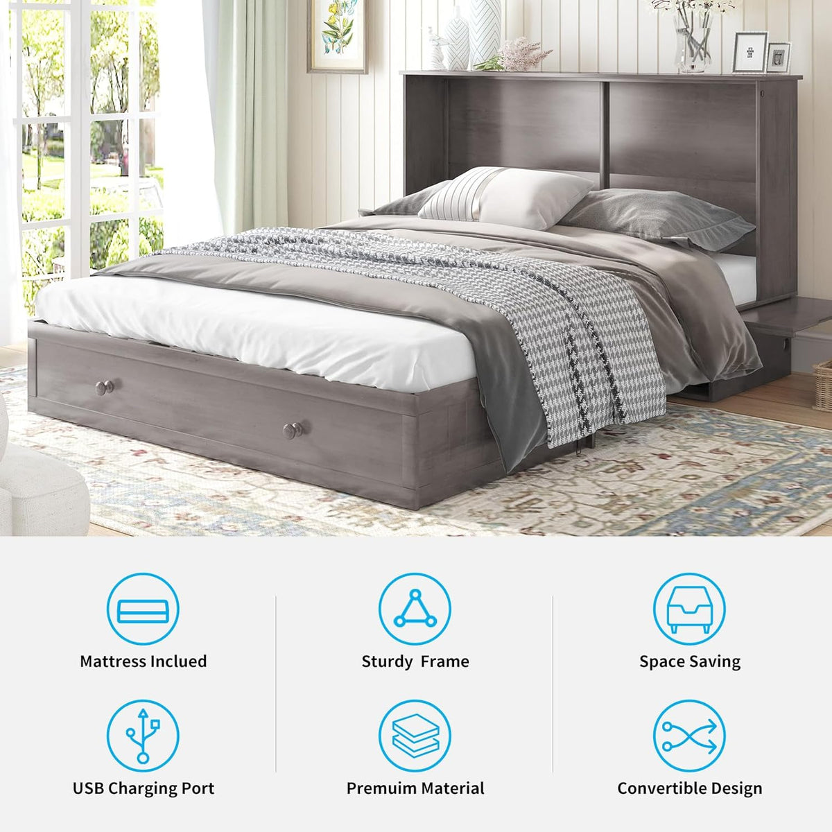 Queen Size Grey Murphy Bed with Foldable Foam Mattress H747660