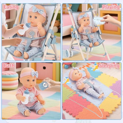 12 inch Doll Stroller Crib Bed Nursery Role Play Set with Play Mat and Travel Bag F753393