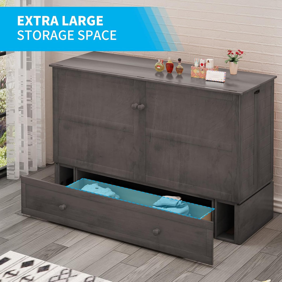 Queen Size Grey Murphy Bed with Foldable Foam Mattress H747660