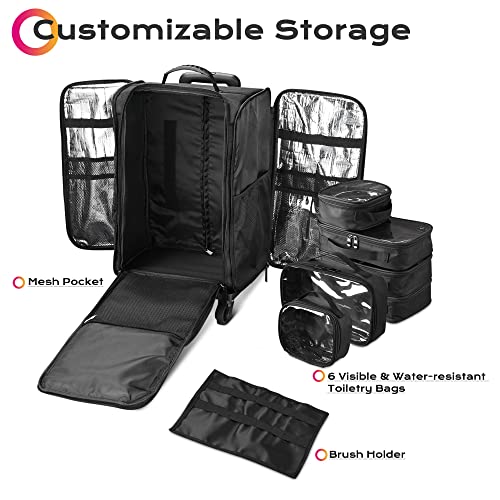 Black Rolling Makeup Train Case Soft Sided Cosmetic Storage Organizer Carry on Travel with Removable Side Pocket Bag D1423