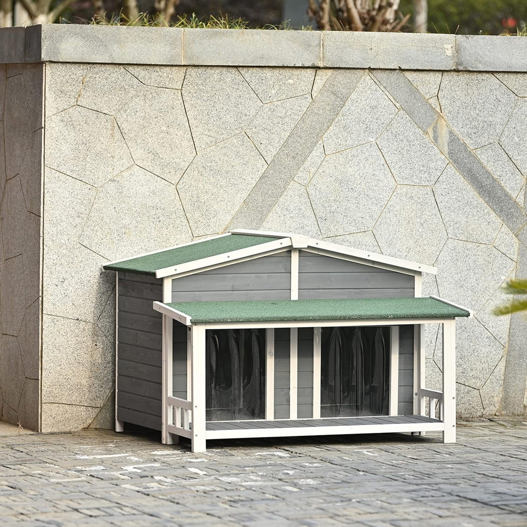 Gray Green Wooden Dog House with Porch 2 Doors I34092