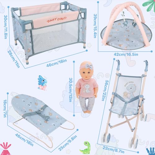 12 inch Doll Stroller Crib Bed Nursery Role Play Set with Play Mat and Travel Bag F753393