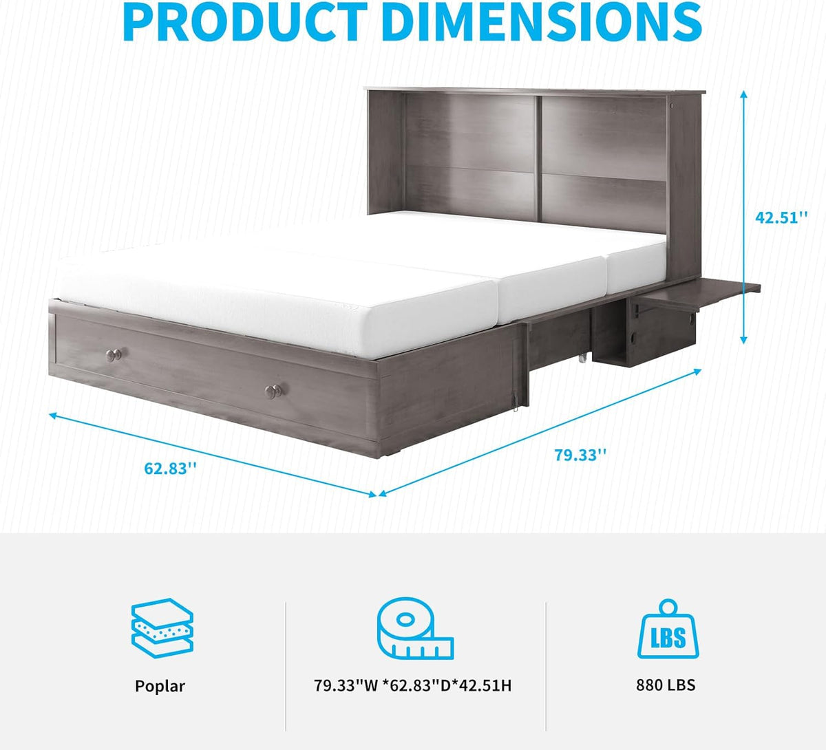 Queen Size Grey Murphy Bed with Foldable Foam Mattress H747660