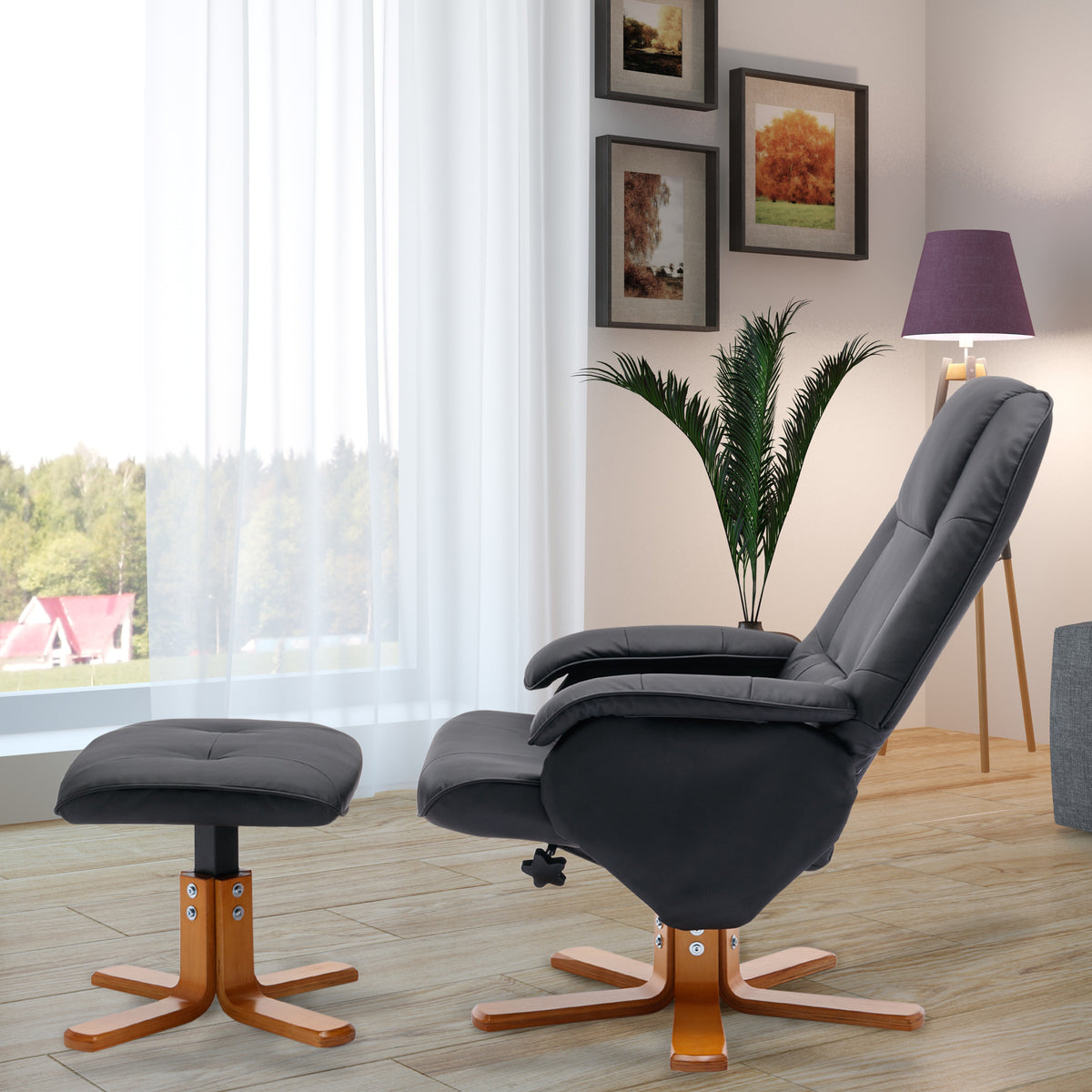 Beige Faux Leather Swivel Recliner Chair with Ottoman and Wood Base Z30321