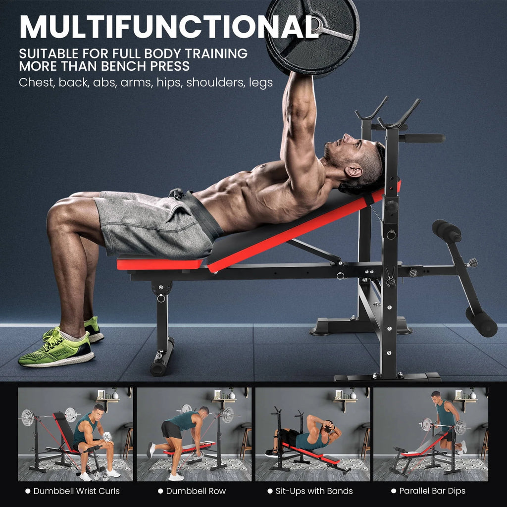 Adjustable Weight Bench Set with Barbell Rack and Resistance Bands B926887