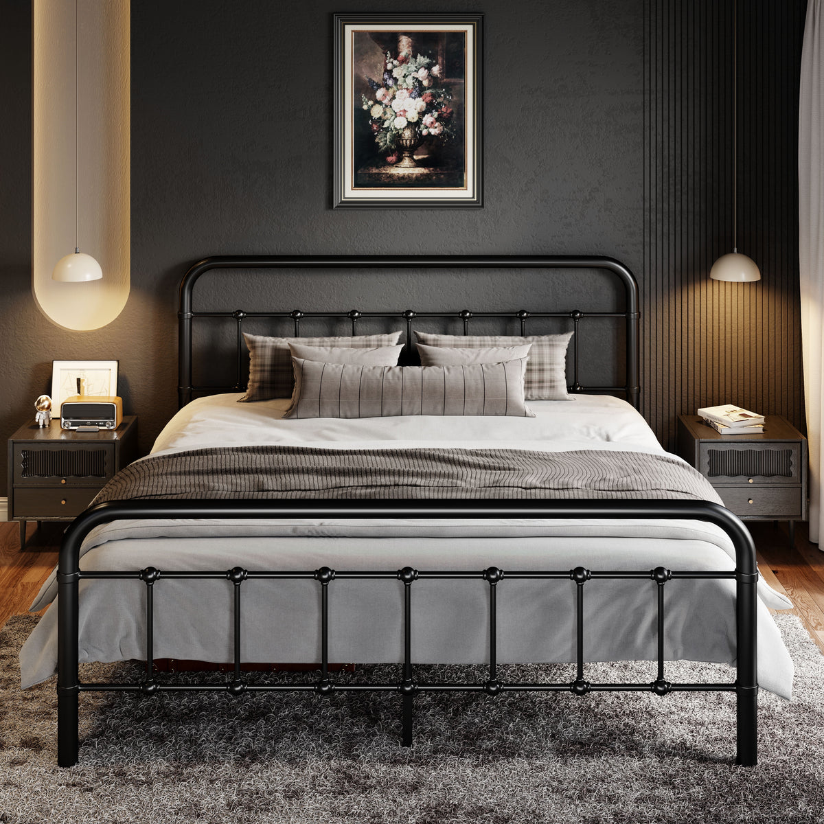 Queen Size Black Metal Platform Bed Frame with Headboard Y932803