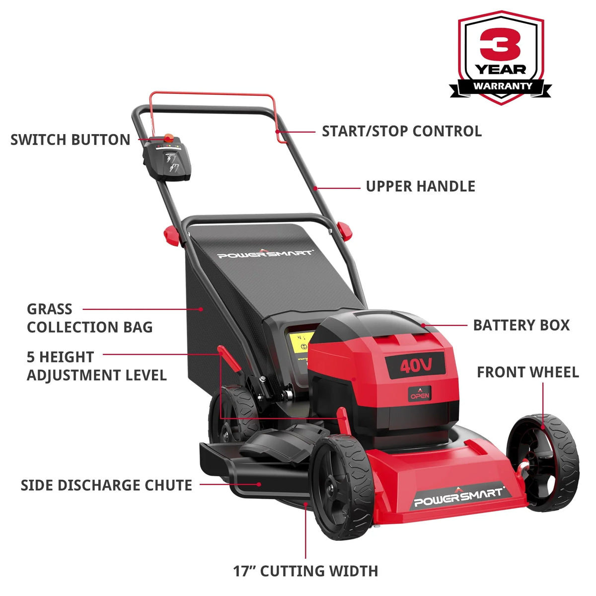 40V 17-inch Cordless Brushless Electric Push Lawn Mower W4015