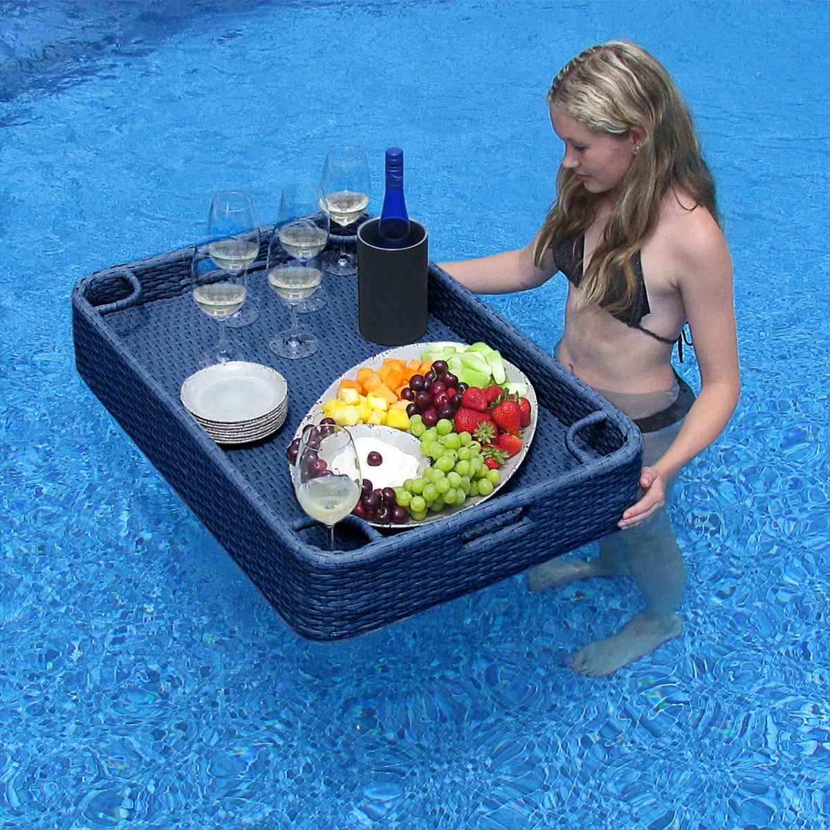 Navy Wicker Floating Pool Tray with Aluminum Frame X514