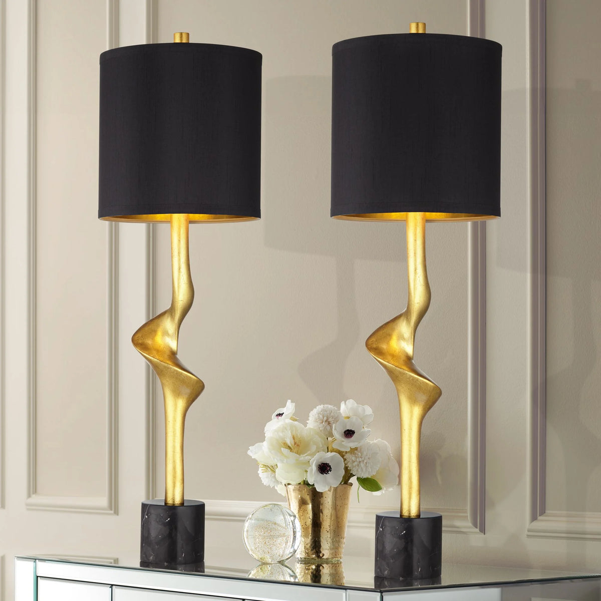 32" Tall Modern End Table Lamps Set of 2 Gold Leaf Black Shade Z658452