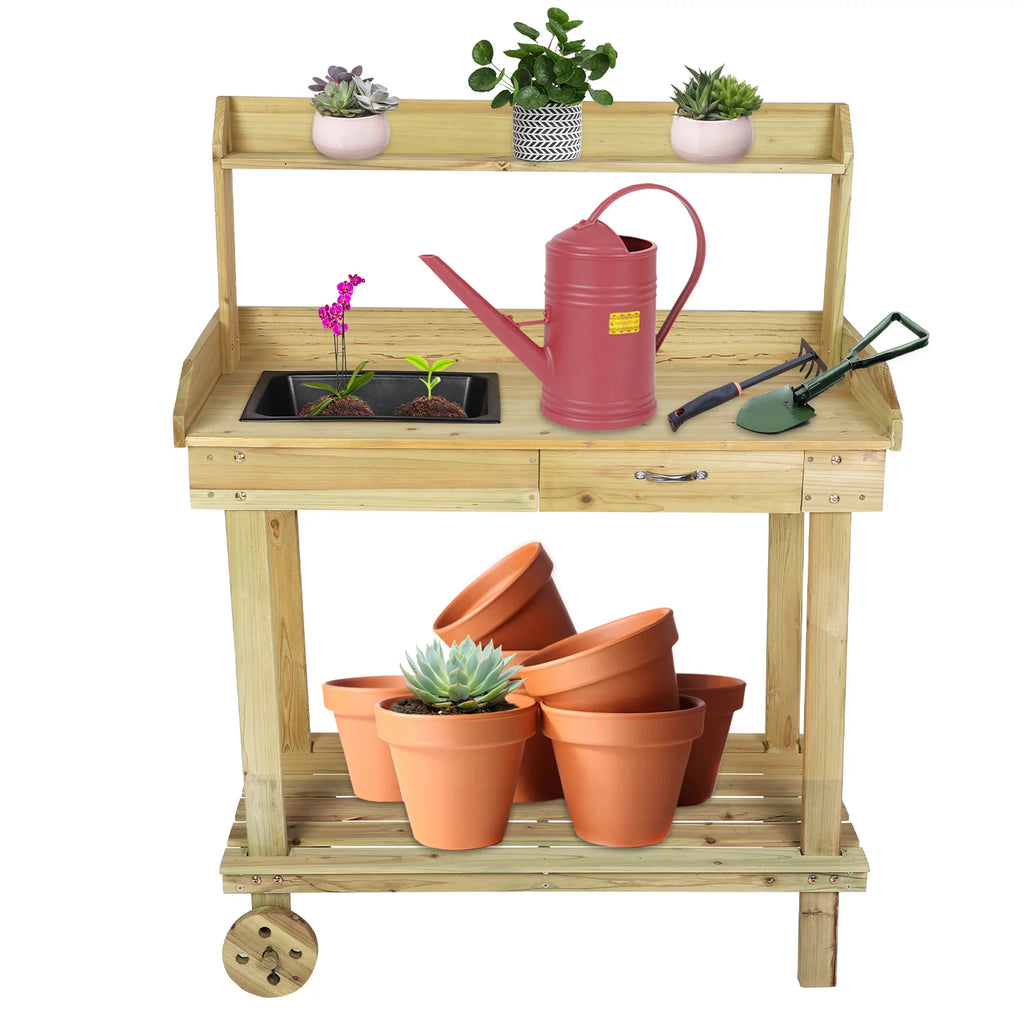 Wooden Potting Bench Table with Wheels and Drawer B651712
