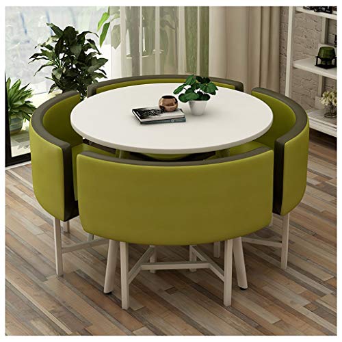 Army Green Round Table and Chair Set with 4 Leather Chairs P973298
