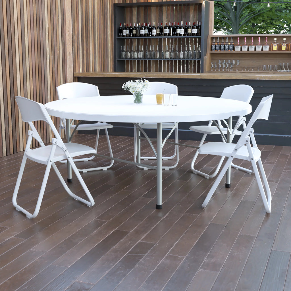 6-Foot Round Bi-Fold White Plastic Folding Table with Carrying Handle A229