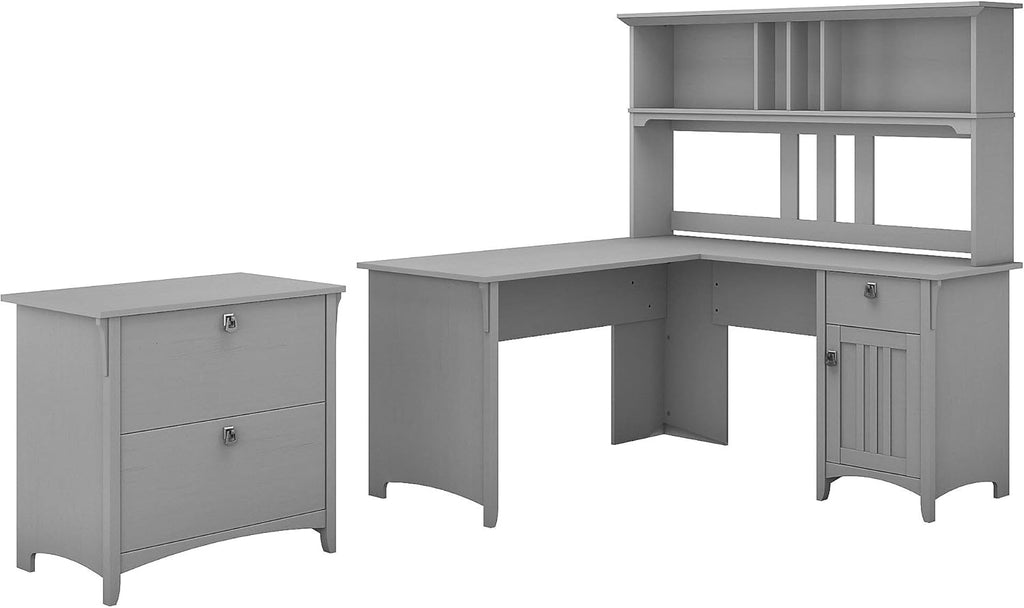 Antique White L Shaped Desk with Hutch and Lateral File Cabinet O2927