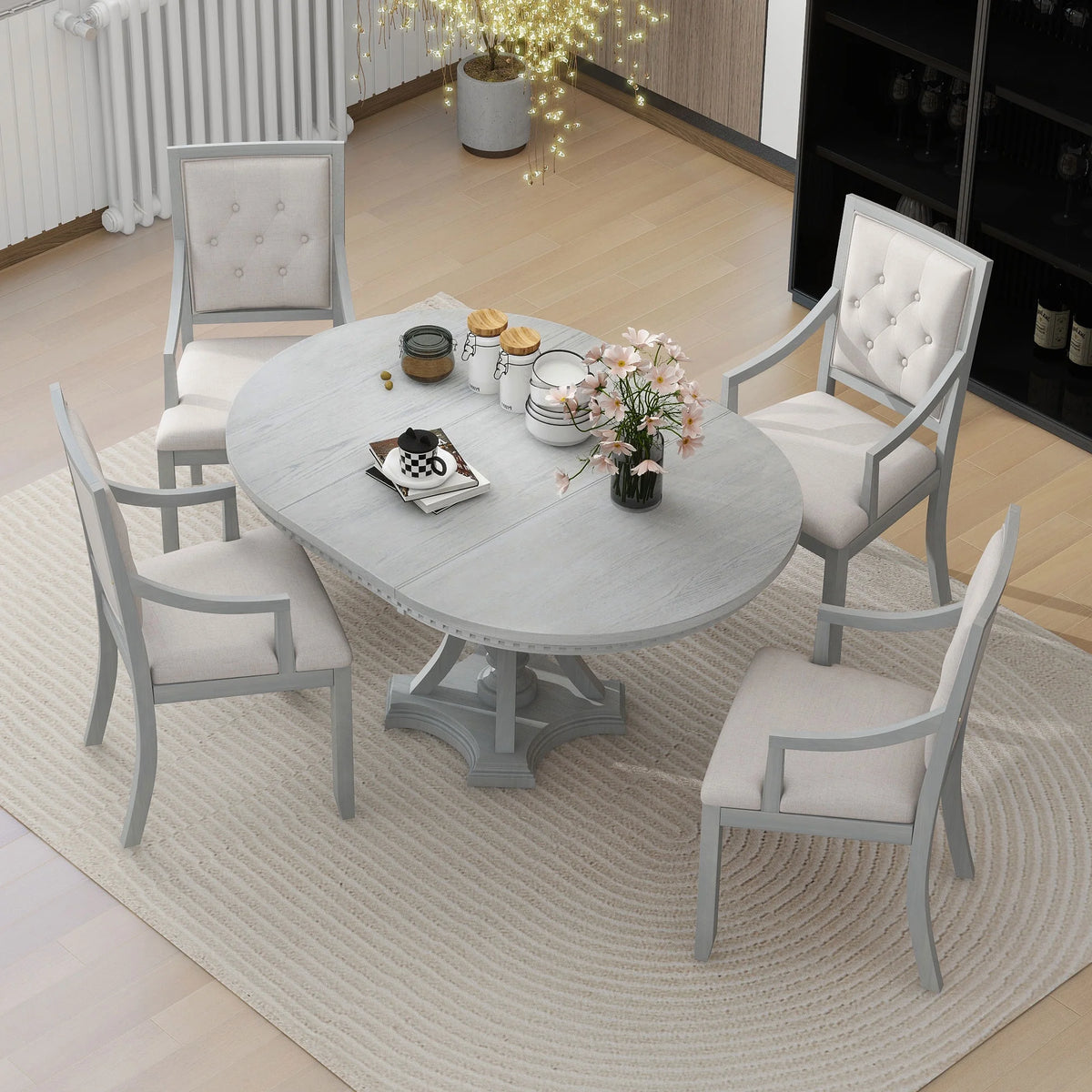 5 Piece Gray Wood Dining Table Set with 4 Upholstered Chairs E30339