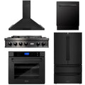 36 Gas Rangetop, Range Hood, Refrigerator, Dishwasher, Wall Oven in Black Stainless H1505