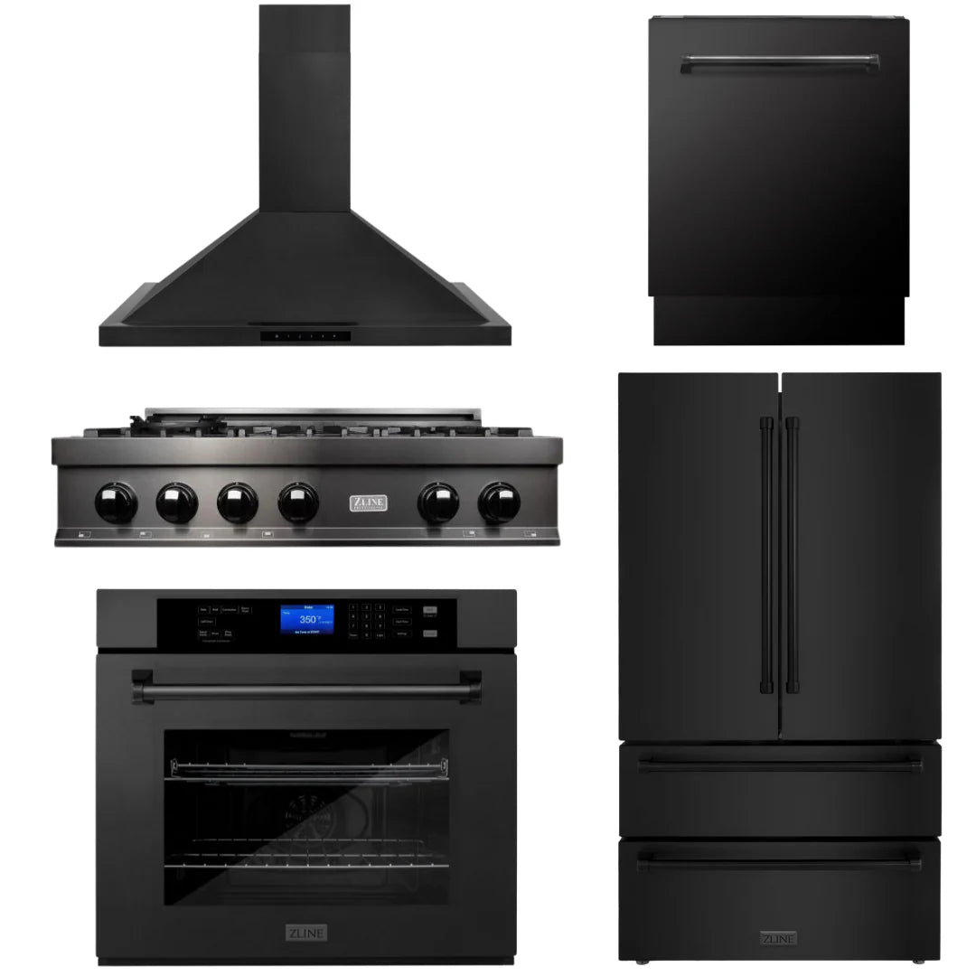36 Gas Rangetop, Range Hood, Refrigerator, Dishwasher, Wall Oven in Black Stainless H1505