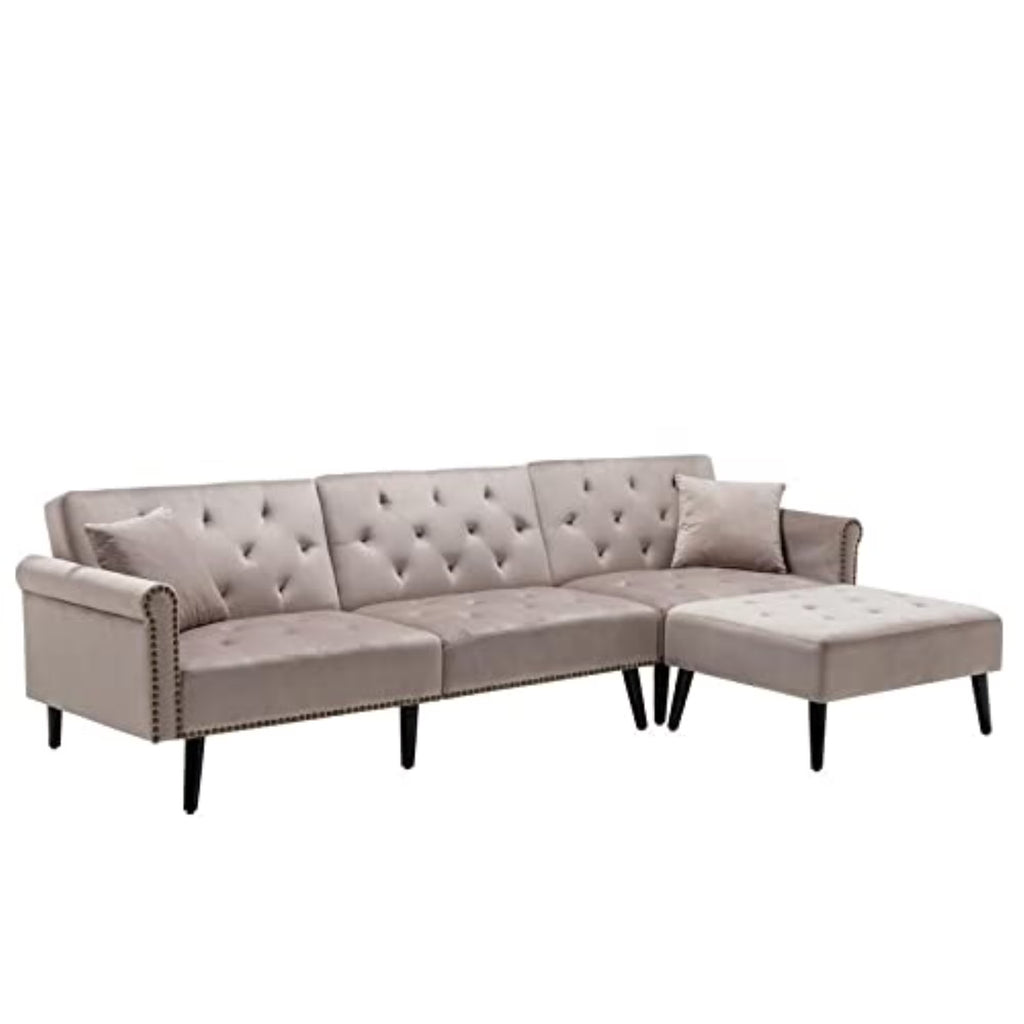 Silver Gray Velvet Sofa Bed with Ottoman and 2 Accent Pillows M799