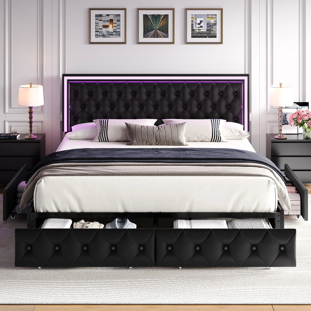 Queen LED Platform Bed Frame with 4 Storage Drawers V5747