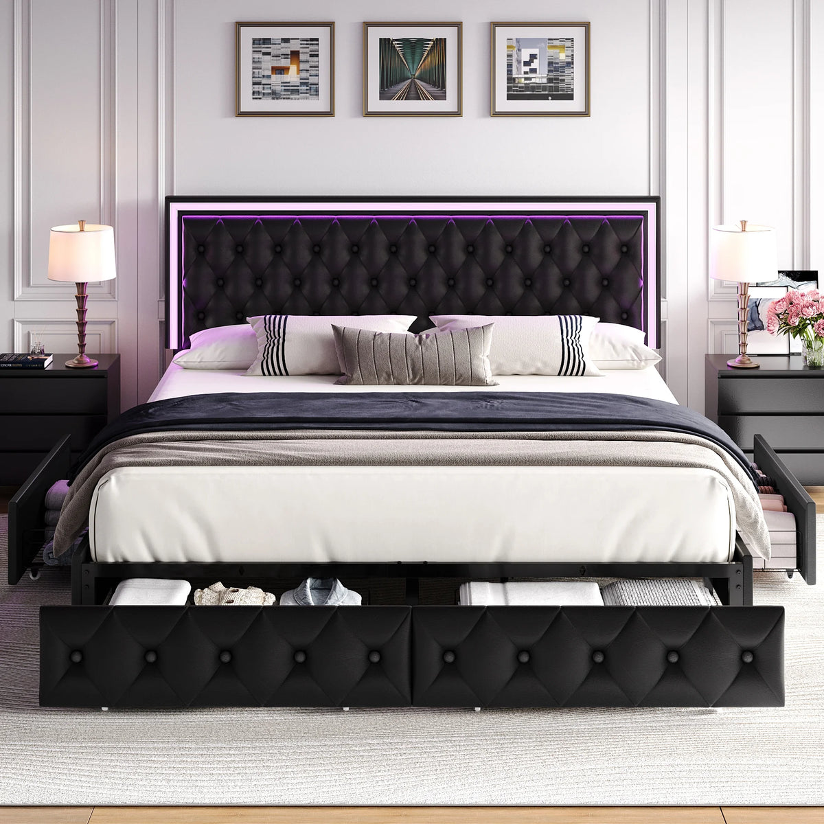 Queen LED Platform Bed Frame with 4 Storage Drawers V5747