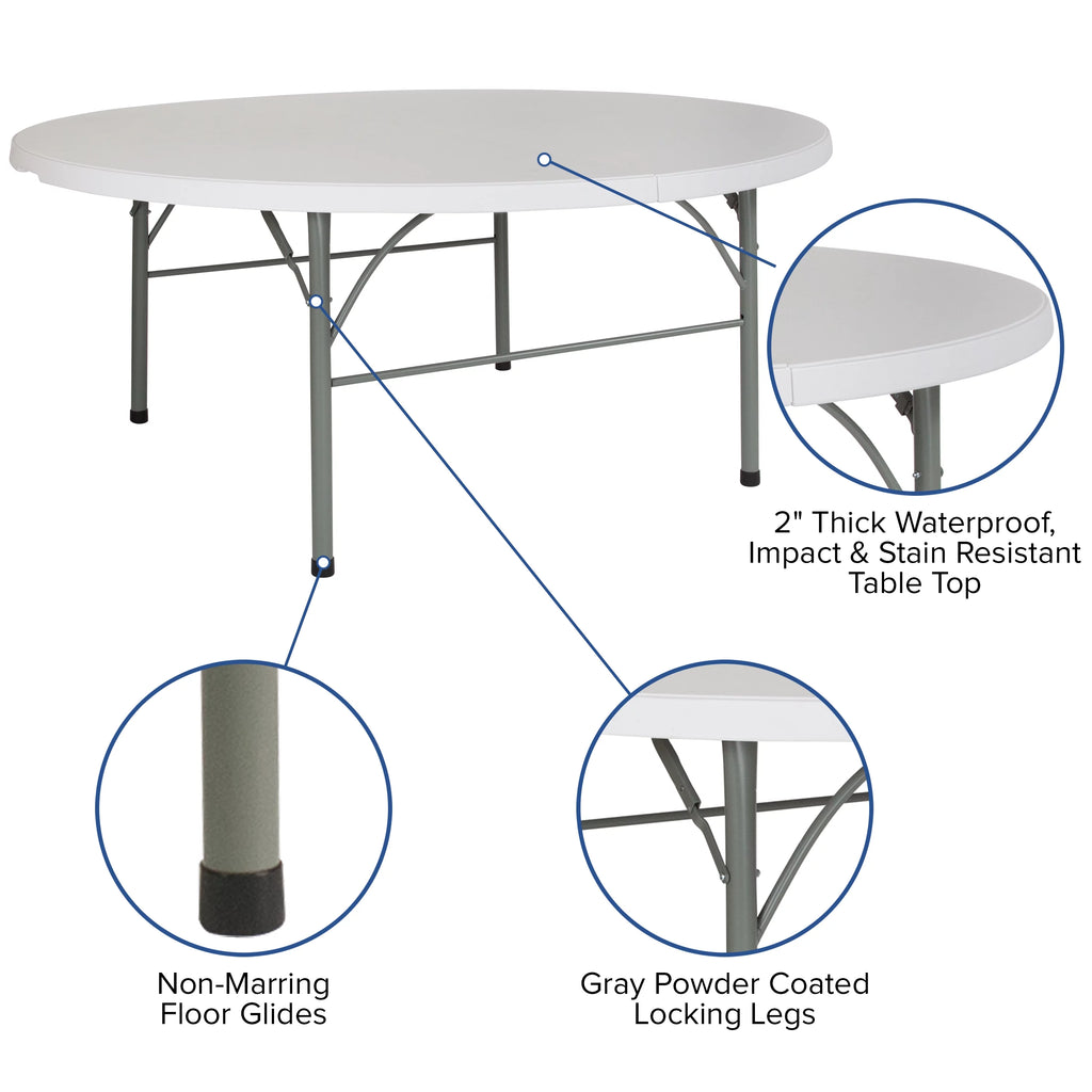 6-Foot Round Bi-Fold White Plastic Folding Table with Carrying Handle A229