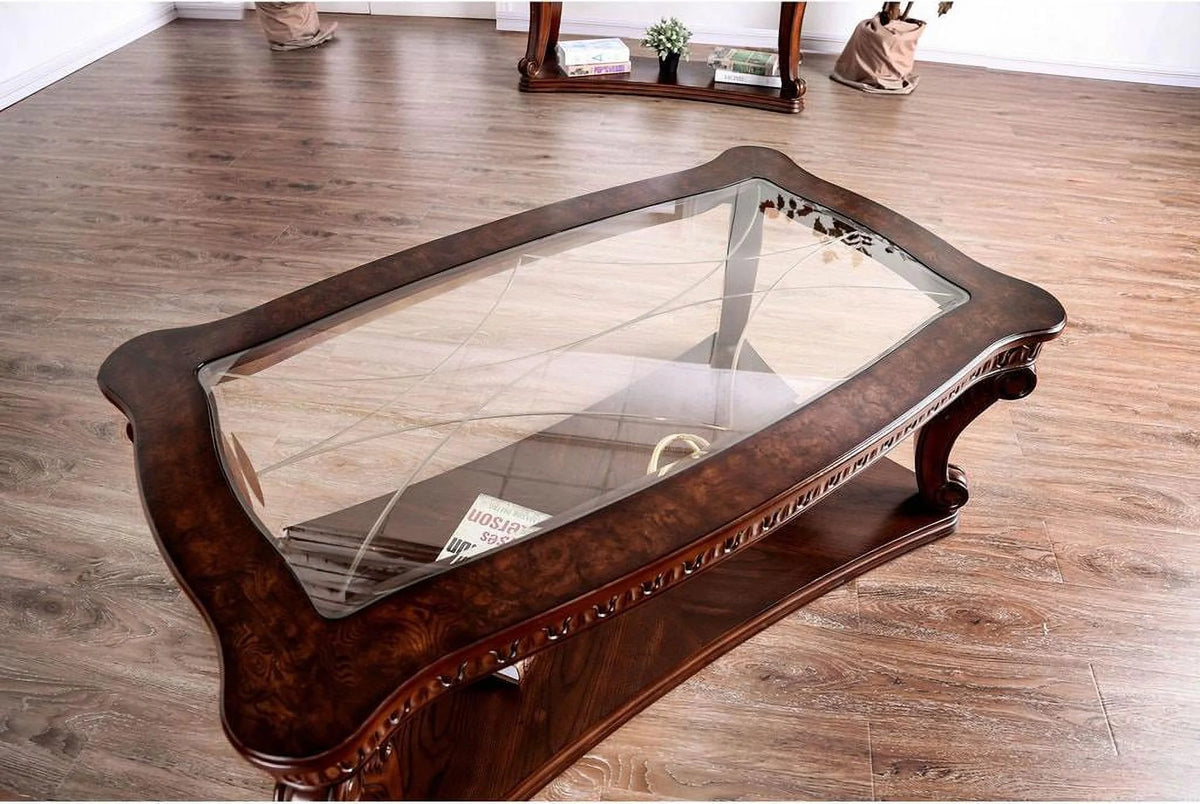 Dark Oak Tempered Glass Top Coffee Table Set 3pcs T560